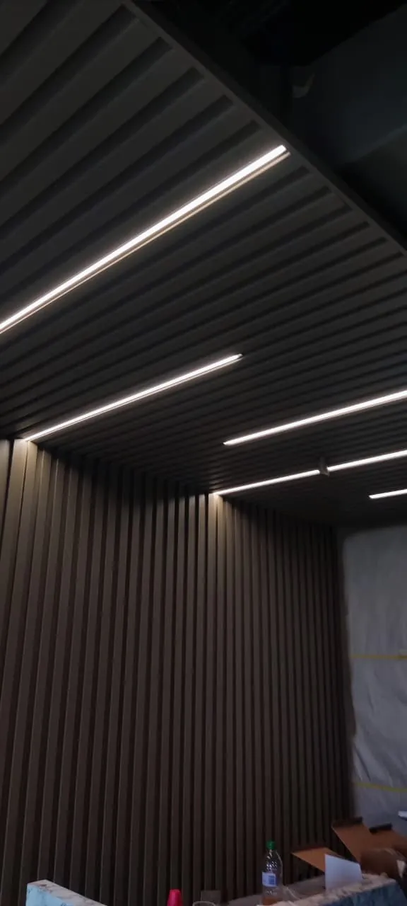 Interior con cielo de listones e iluminación lineal